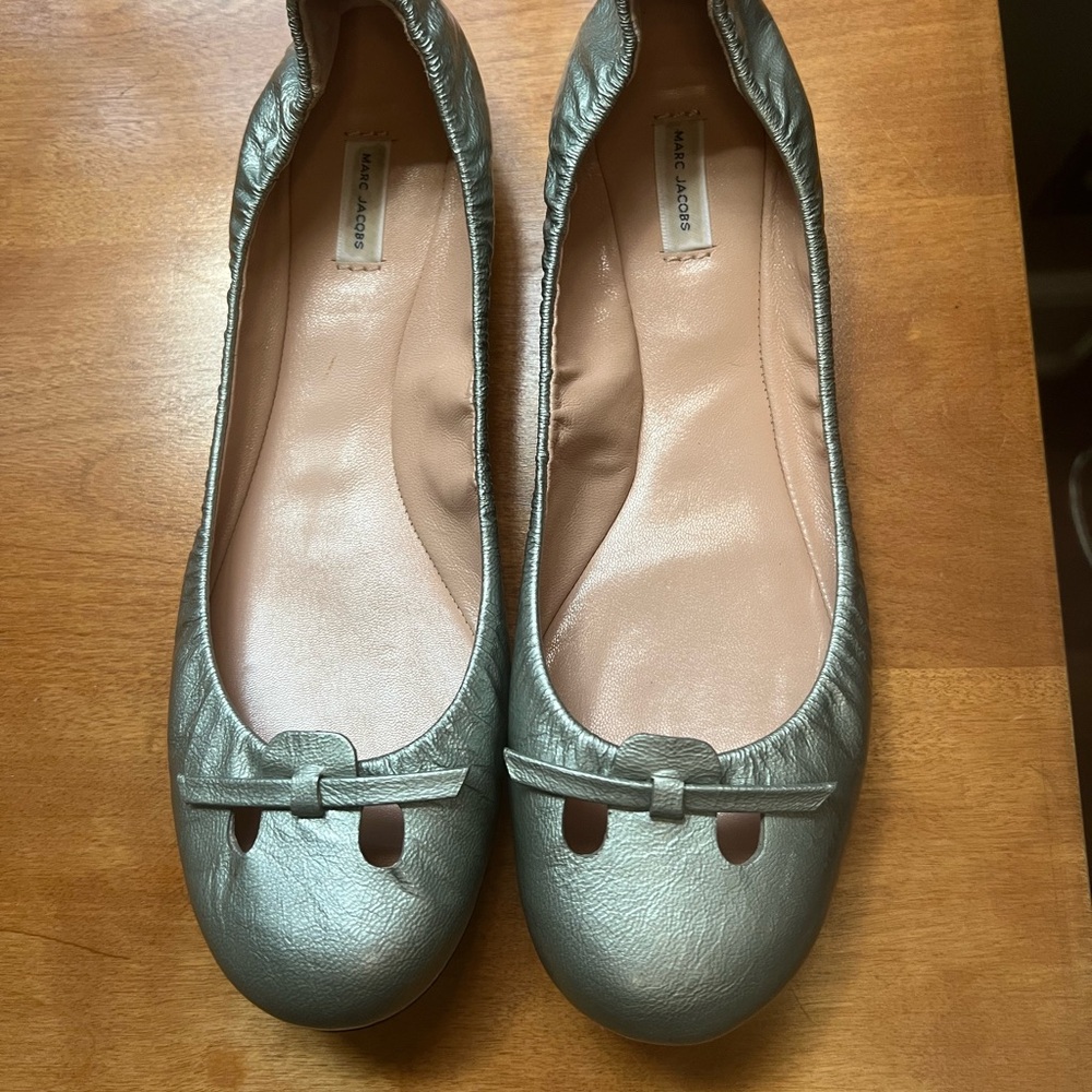 Marc Jacobs Silvery Bluegreen Flats with Bow Detail